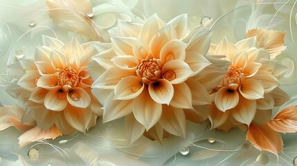   Three vibrant orange flowers against a blue and white backdrop, with lush leaves and droplets of water gracing their petals