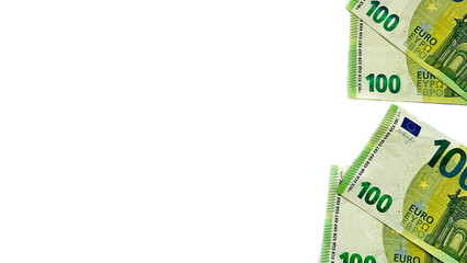 Four 100€ bills. Euro: 400 euro. Europian money. EU money. Isolated on white horizontal background. 