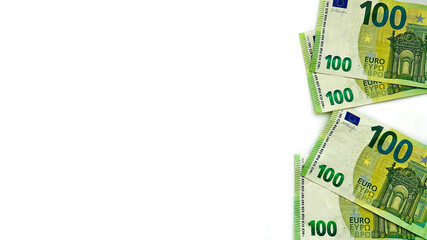 Four 100€ bills. Euro: 400 euro. Europian money. EU money. Isolated on white horizontal background. 