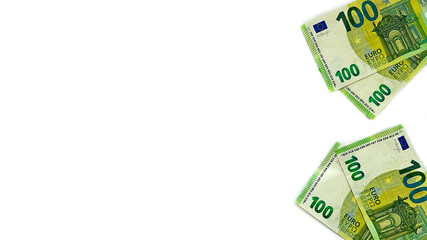Four 100€ bills. Euro: 400 euro. Europian money. EU money. Isolated on white horizontal background. 