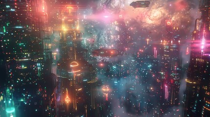 A futuristic city with neon lights and flying vehicles, with a defocused backdrop of vibrant particles -