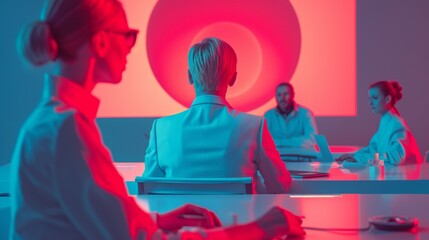 Futuristic Office with Diverse Professionals Analyzing Data on Holographic Screens, Emphasizing Team Collaboration and Innovative Technology