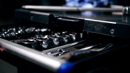 close-up of a woman's hand opening a drawer with blue tools at service station