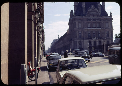 70's Old film photo. Cityscape of a street of Paris 