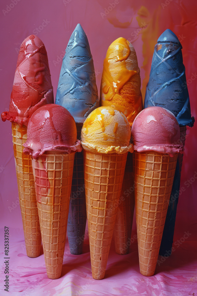 Poster minimalist isometric cones in alternating colors, creating a dynamic, yet simple pattern,