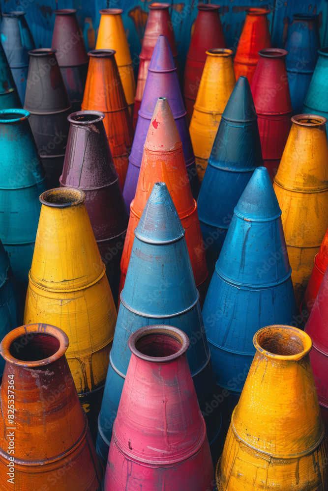 Poster minimalist isometric cones in alternating colors, creating a dynamic, yet simple pattern,