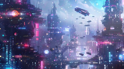 A futuristic city with neon lights and flying vehicles, with a defocused backdrop of vibrant...