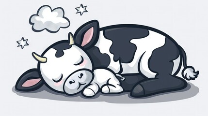   A monochrome cow rests on its side, eyes shut, with its head positioned behind