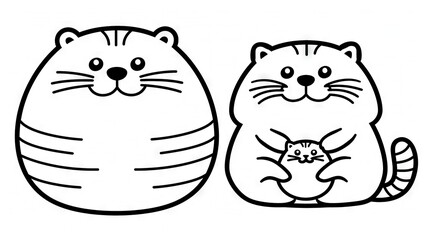 Obraz premium A black-and-white illustration of a feline with a kitten's tail protruding from its mouth