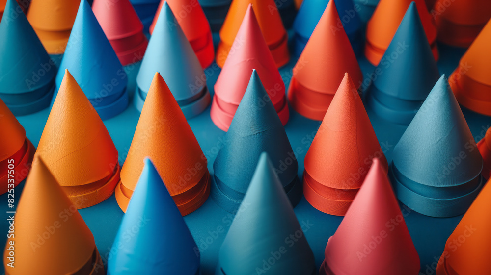 Aufkleber randomly rotated isometric cones in a single color, scattered across the background,