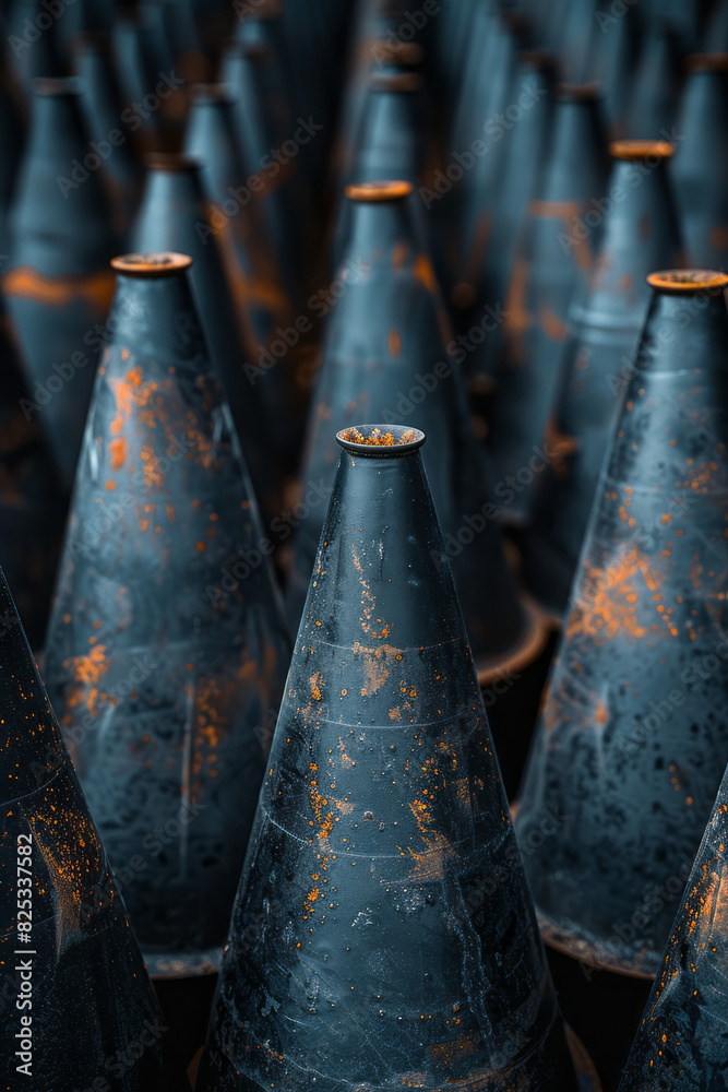 Poster an arrangement of isometric cones pointing in the same direction, creating a sense of movement,