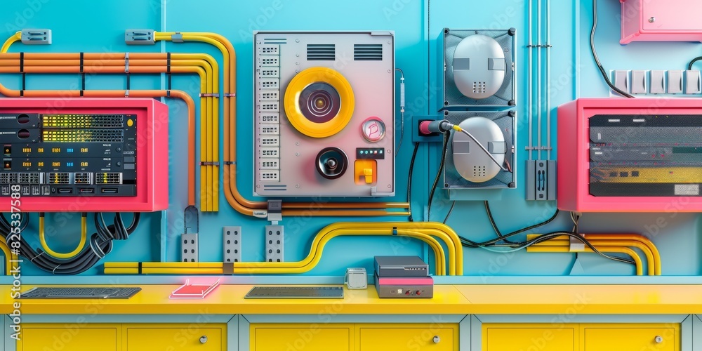 Aufkleber intricate data center infrastructure illustration: servers, cables, and cooling systems in a colorfu