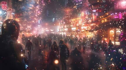 A lively scene of a bustling alien marketplace, with a defocused backdrop of twinkling particles