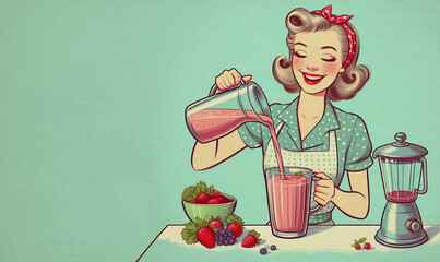 Paper textured vintage style illustration of cheerful young woman with apron making smoothie and standing isolated on blue background. Happy housewife of the 1950s concept. Copy space
