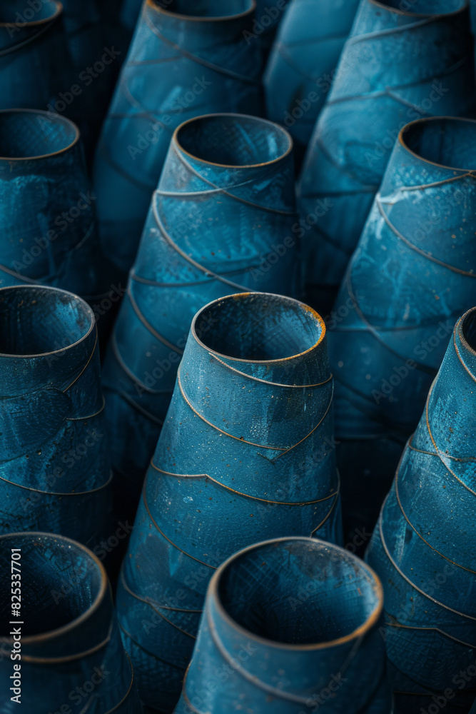 Poster alternating rows of upright and inverted isometric cones, forming a rhythmic pattern,