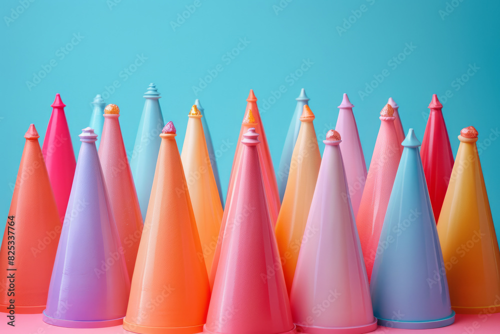 Aufkleber overlapping isometric cones in pastel colors, blending softly into each other,