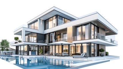 3d rendering of modern house by the river at morning, house, luxury, villa, modern, architecture, building, exterior, residential, property, designer