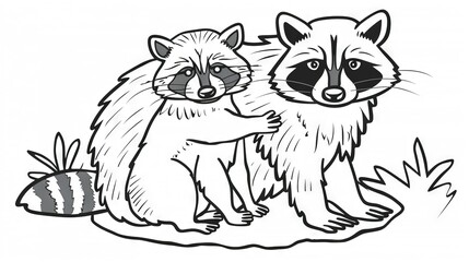   A pair of raccoons perched atop a green lawn in monochrome