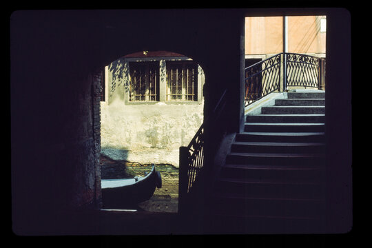 Old 70's film photo. Cityscape of Venice canal