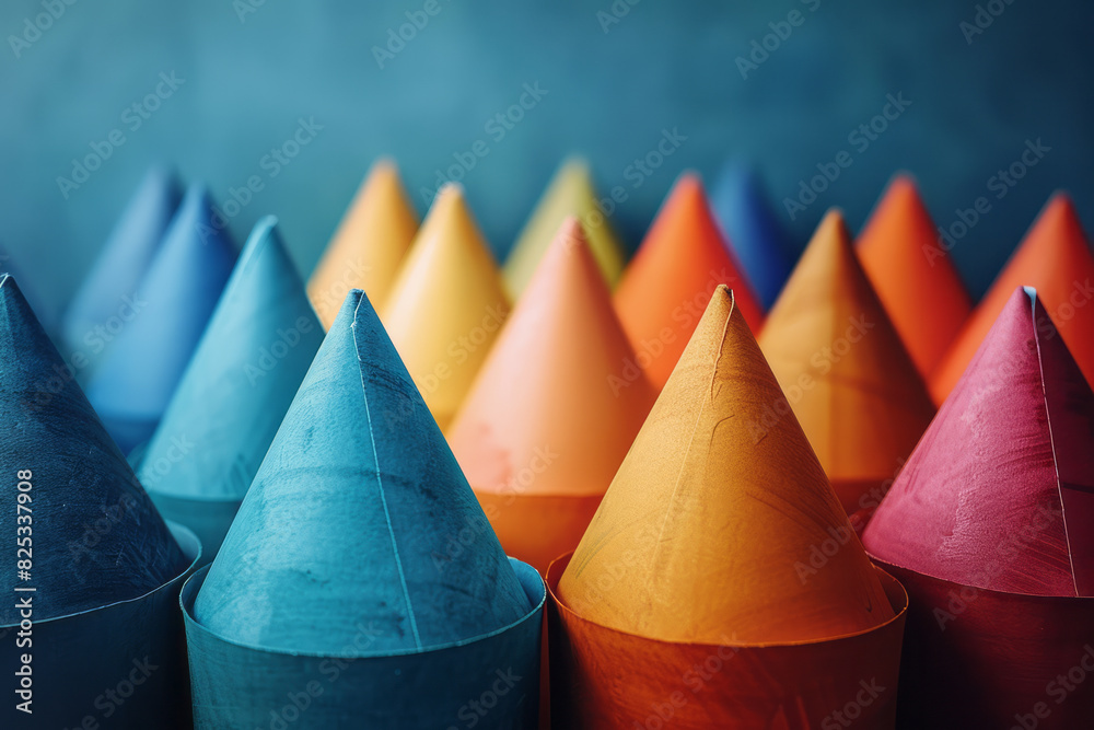 Poster isometric cones with varying shades of the same color, creating a subtle gradient effect,