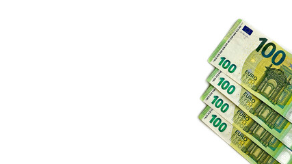 Four 100€ bills. Euro: 400 euro. Europian money. EU money. Isolated on white horizontal background. 