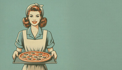 Paper textured vintage style illustration of cheerful young woman with apron holding baking plate with pizza and standing isolated on blue background. Happy housewife of the 1950s concept. Copy space 
