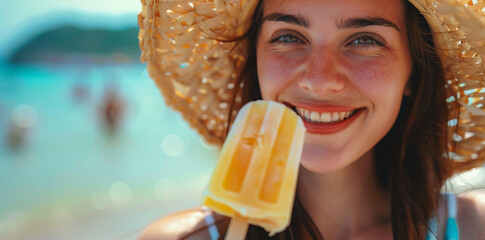 Beach-bound, a joyful woman savors a cool popsicle.