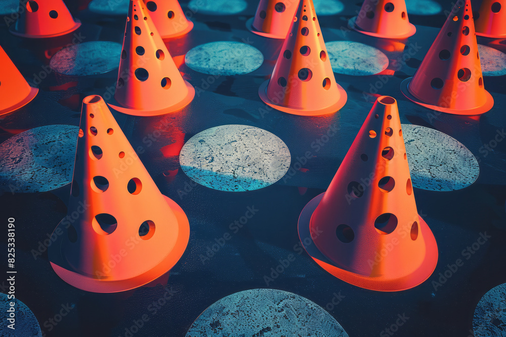 Poster a minimalist isometric pattern with cones fading in opacity as they move diagonally across the backg