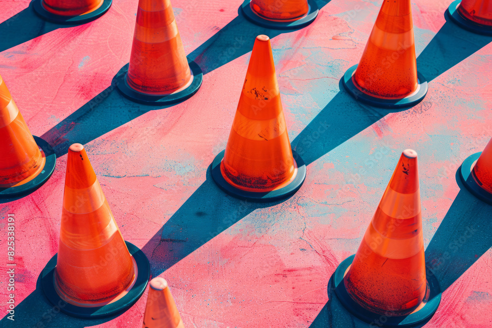 Poster a minimalist isometric pattern with cones fading in opacity as they move diagonally across the backg