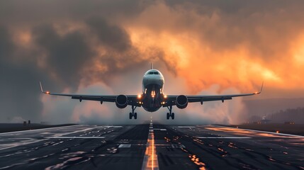 Front view of a passenger airplane on the runway, ready for takeoff.