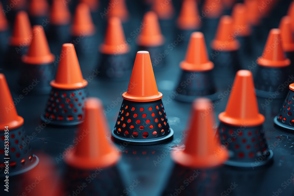Poster a minimalist isometric pattern with cones fading in opacity as they move diagonally across the backg