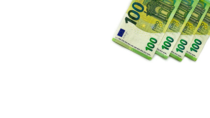 Four 100€ bills. Euro: 400 euro. Europian money. EU money. Isolated on white horizontal...