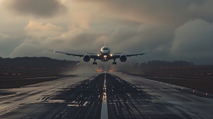 Front view of a passenger airplane on the runway, ready for takeoff.
