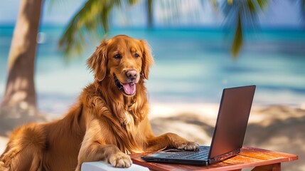 Dog Working on Laptop at Beach.