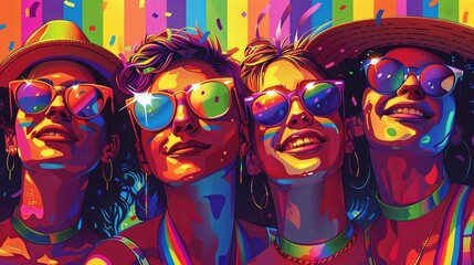 Obraz premium Happy Friends Celebrating at Pride Event with Rainbow Accessories and Smiles