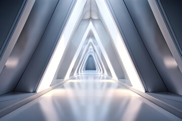 Modern hallway with flickering neon lights generating a futuristic minimalist architecture feel. 3D representation of an empty long light corridor in a futuristic sci-fi setting.

 
