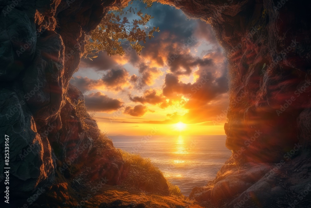 Canvas Prints Experience the majestic beauty of a tranquil cave sunset view overlooking the ocean and coastline, surrounded by stunning rock formations and vibrant natural light