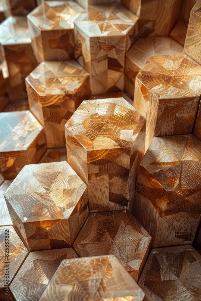 Poster an abstract isometric pattern of truncated hexagonal prisms, aligned in rows,