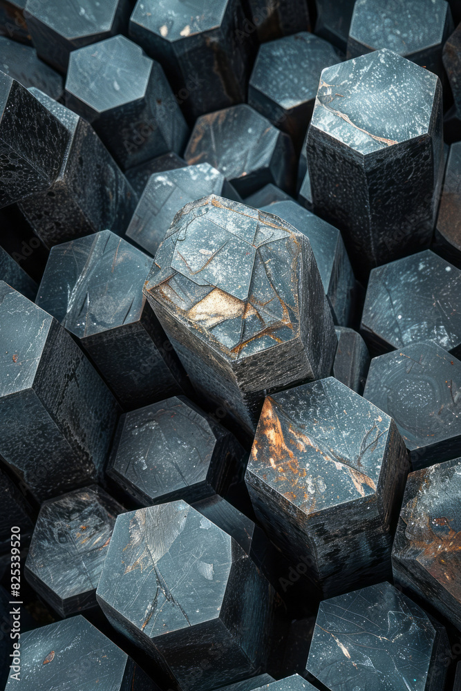Poster an abstract isometric pattern of truncated hexagonal prisms, aligned in rows,
