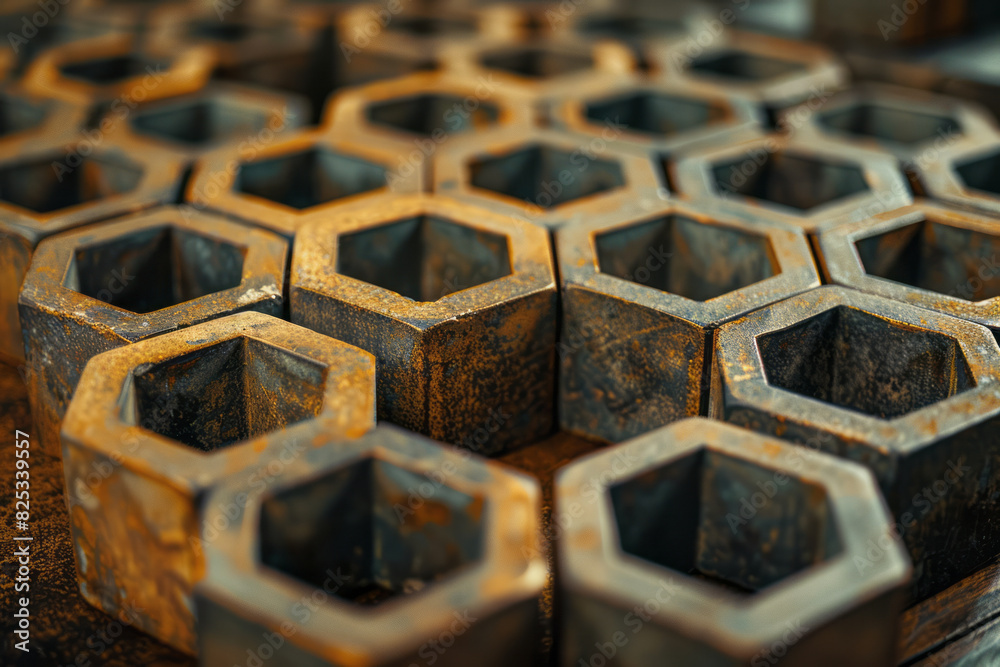 Poster isometric truncated octahedrons, arranged in a tight, repeating grid,