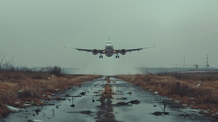 Front view of a passenger airplane on the runway, ready for takeoff.