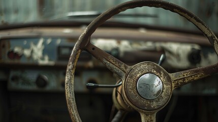 Rusty steering wheel of an old car for vintage or industrial designs - Powered by Adobe