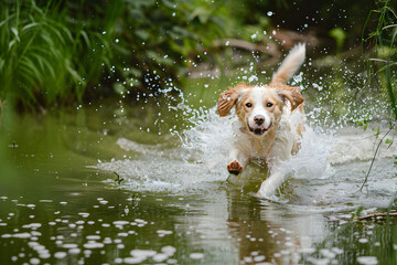 A playful dog splashing in a pond on a hot summer day, enjoying the refreshing water and having fun