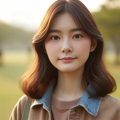 Fototapeta premium Person, Centered, Eye-level, Casual, Outdoor, Face, Soft, Fine lines on clothing, Earth tones, Brand X, Soft natural light, Park, Morning, Serene, Sky