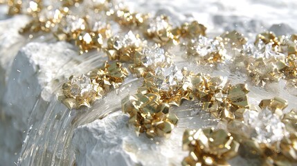    gold nuggets on a white sheet with water flowing