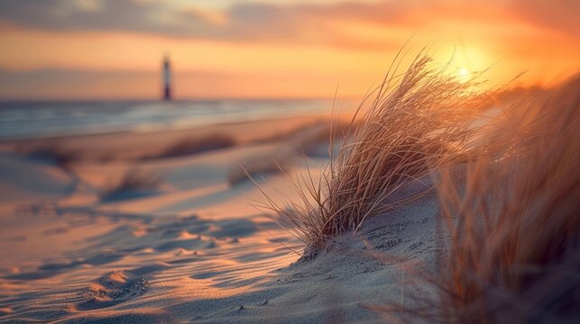 Serene view of a lighthouse during sunset, framed by sand dunes and coastal grass, AI-generated.