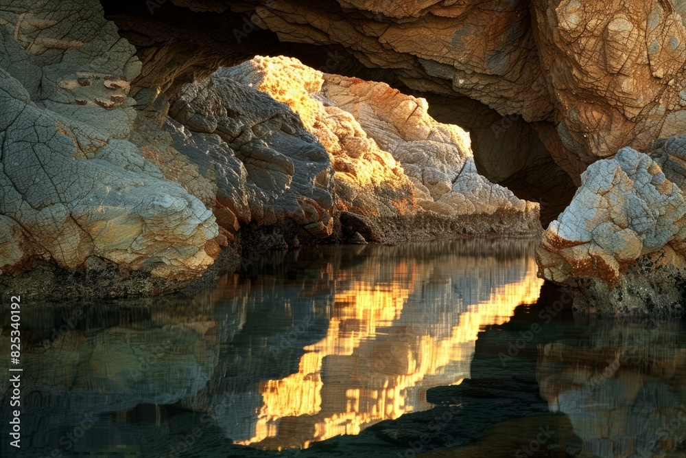 Poster golden sunlight reflects on water at the mouth of a rocky sea cave