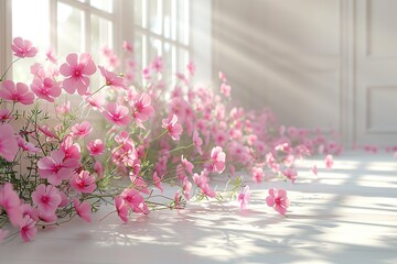 A room with a window and a bunch of pink flowers