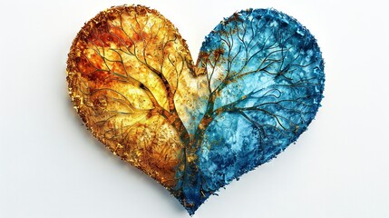   Two golden, blue, and orange heart-shaped leaves painted on canvas