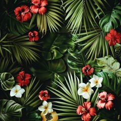 Vibrant Tropical Paradise: Abstract Background with Exotic Flowers, Colorful Fruits, and Lush Palm Leaves